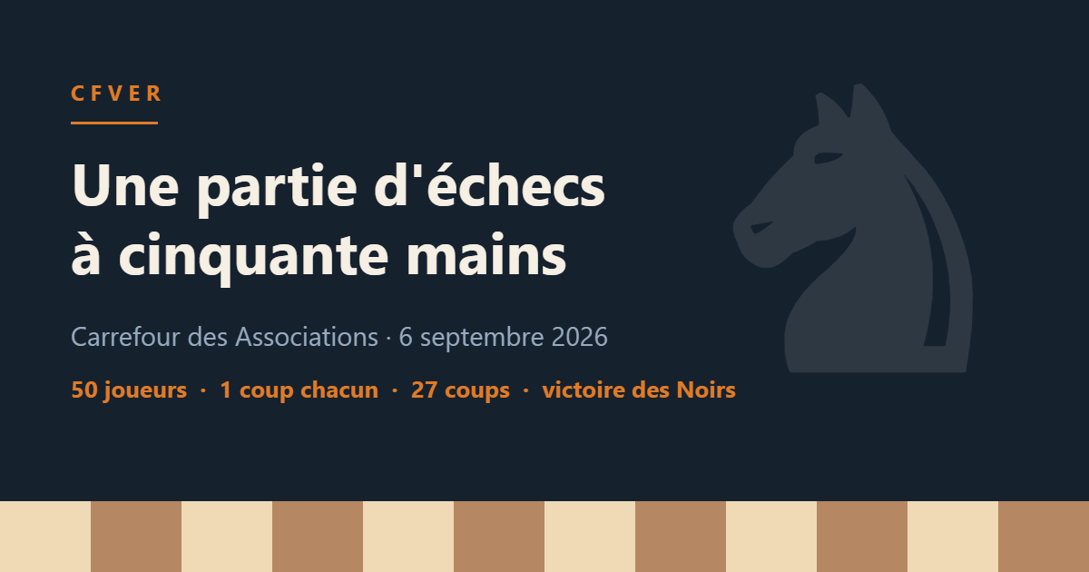 Visuel : partie d'échecs collective du CFVER au Carrefour des Associations, 50 joueurs, un coup chacun, victoire des Noirs