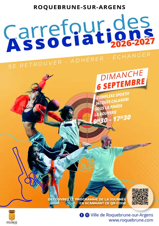 Affiche du Carrefour des Associations 2026-2027 de Roquebrune-sur-Argens, dimanche 6 septembre, complexe sportif Jacques Calandri