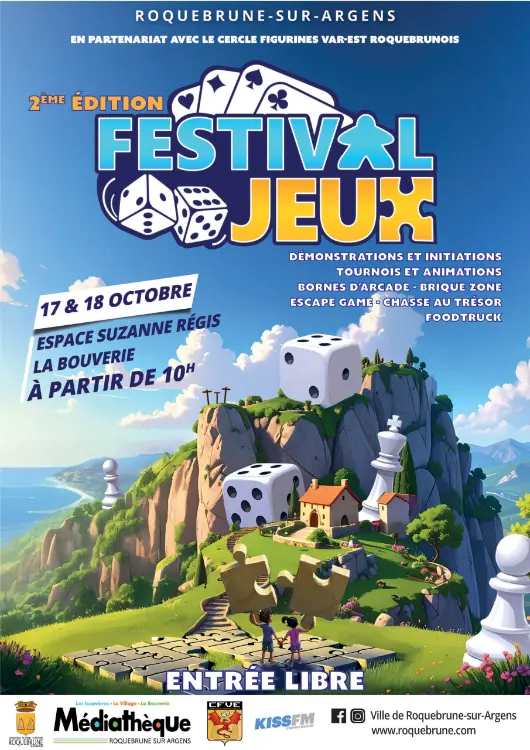Affiche de la 2e édition du Festival des Jeux de Roquebrune-sur-Argens, 17 et 18 octobre 2026, Espace Suzanne Régis, La Bouverie, entrée libre